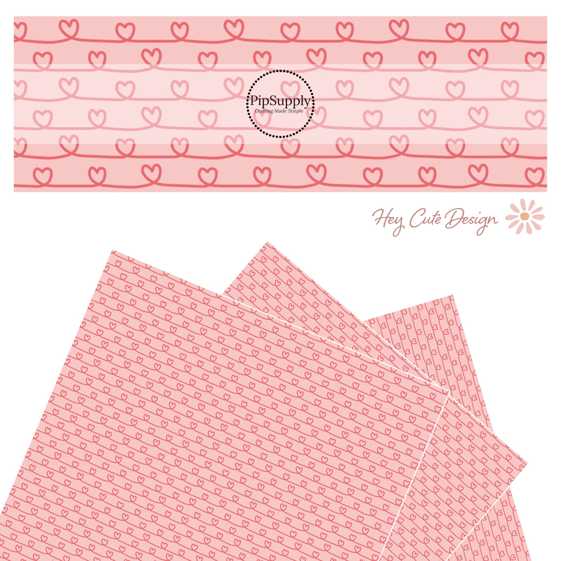 Pink hearts in a line drawing on pink faux leather sheet