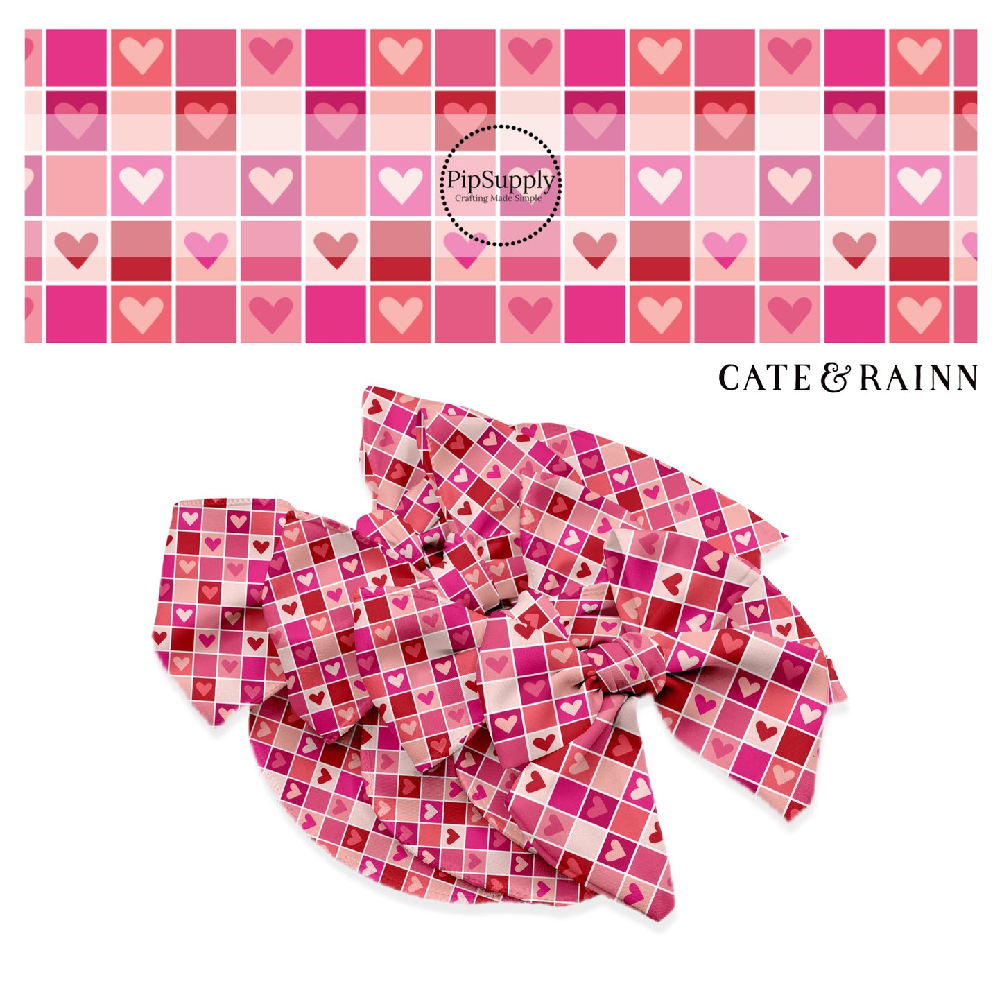 Hot pink, coral, light pink, and light peach checker with coordinating hearts on checkered bow strips