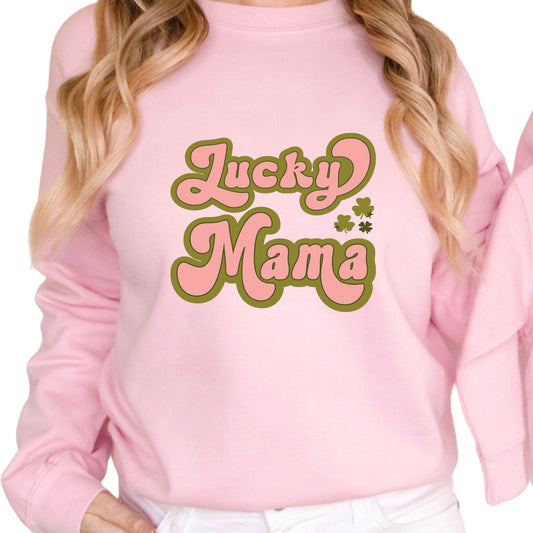 Pink Iron On heat transfer with the phrase  "Lucky mama" and green shamrocks