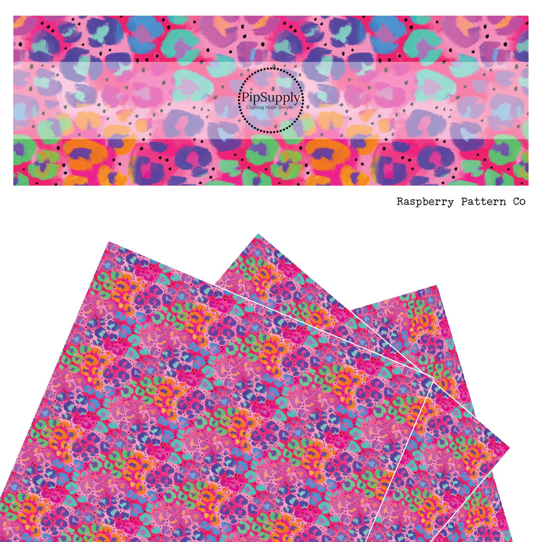 Purple, green, blue, orange, and pink leopard spots on pink tie dye faux leather sheets