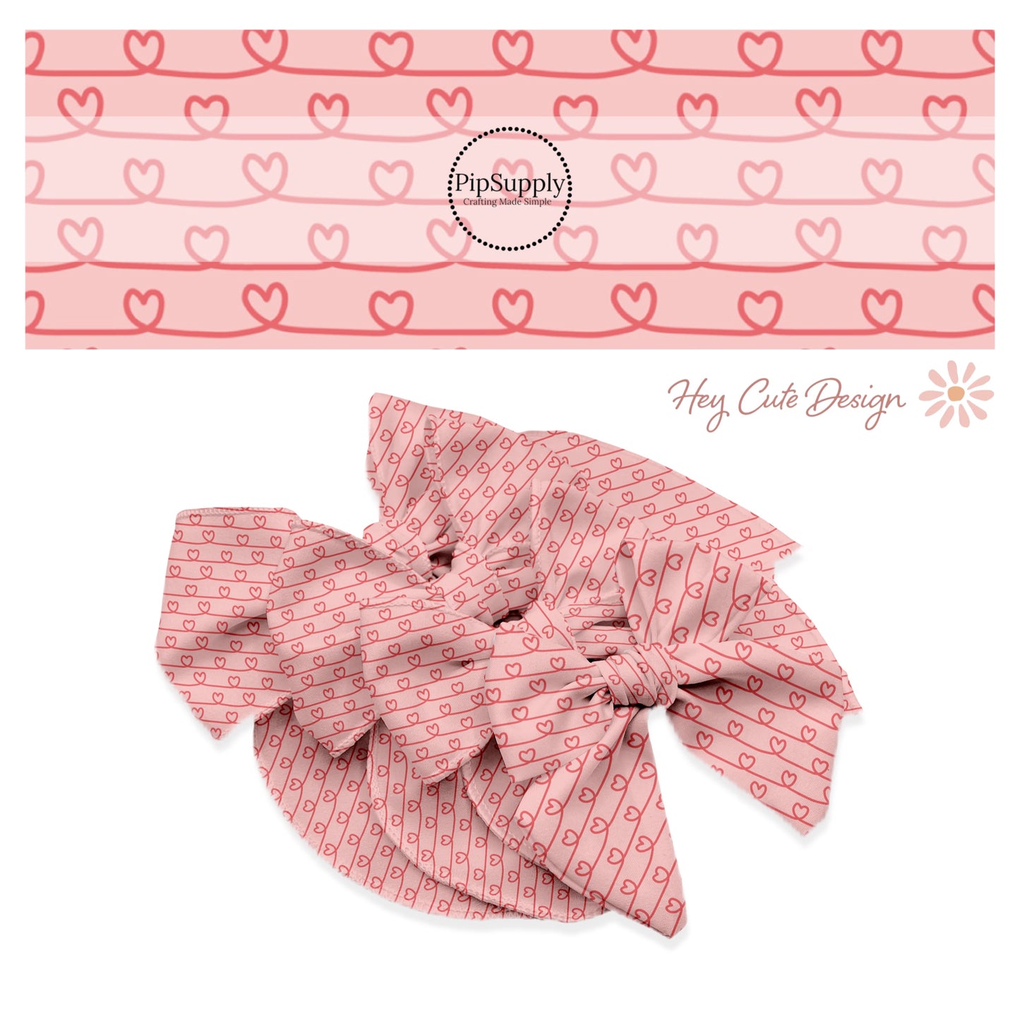 Drawn pink hearts line drawing on pink bow strips