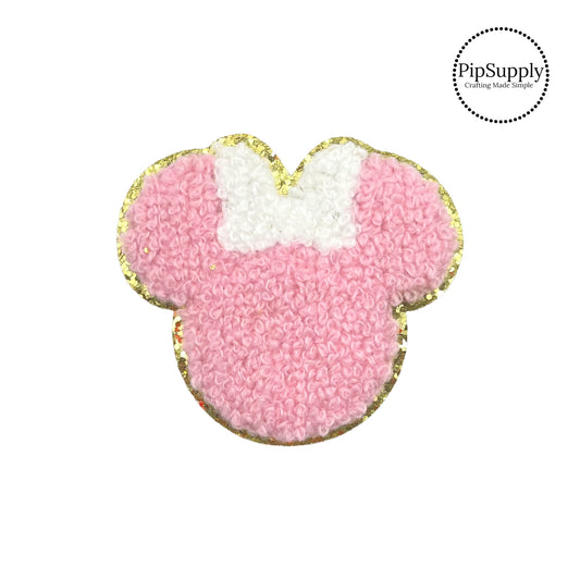 Pink mouse head and white bow chenille iron on patch
