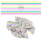 Pink, purple, yellow, and green horizontal stripes on white bow strips