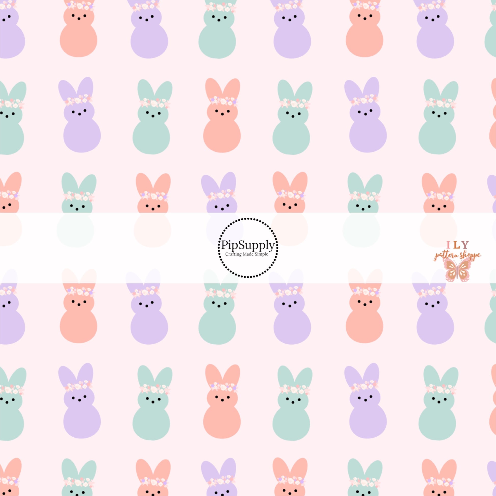 Floral crowns on purple, aqua, and pink bunnies on light pink bow strips