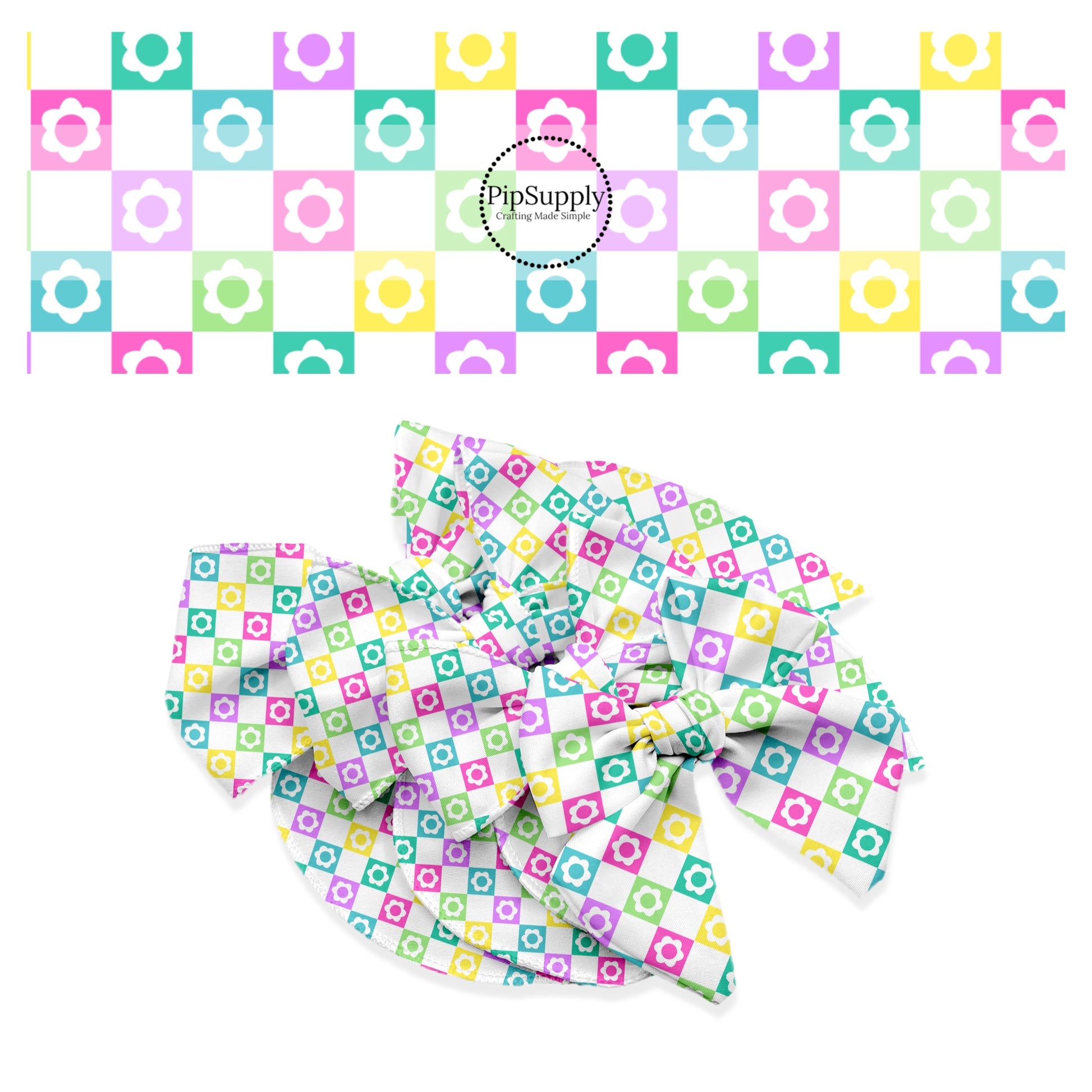 Bright green, yellow, hot pink, purple, and turquoise checker wih white flower cutout bow strips