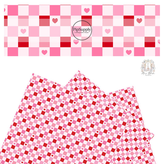 Different shades of pink checker with red checkered and pink and red hearts on light pink tile faux leather sheets