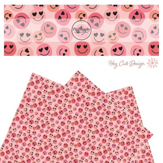 Hot pink, light pink, and peach smiley faces with heart eyes on pink faux leather sheets