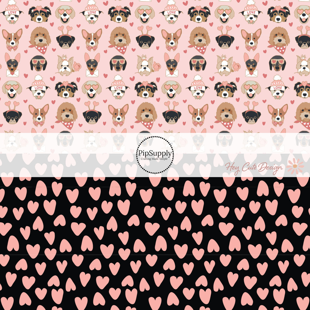 Different Breed Valentine Pups on Pink fabric by the yard-Black Fabric with Pink Valentine Hearts