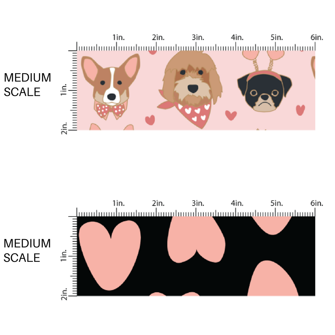 Black Fabric by the Yard, Medium Scale with Light Pink Valentine Hearts - Medium Scale by the yard Valentine Pups on light Pink