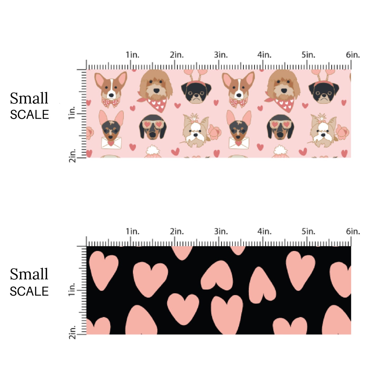 Mixed Breed Valentine Pups on light Pink Small Scale by the Yard - Light Pink Valentine Hearts Small scale on Black Fabric by the yard