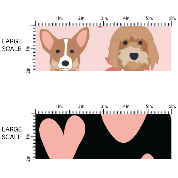 Large Scale Valentine Pups on Light Pink Fabric - Large Scale Black Fabric With Light Valentine Hearts