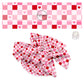 Hot pink, light pink, and red checkered with pink and red hearts on a pale pink tile bow strip