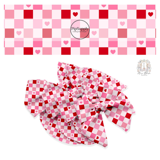 Hot pink, light pink, and red checkered with pink and red hearts on a pale pink tile bow strip