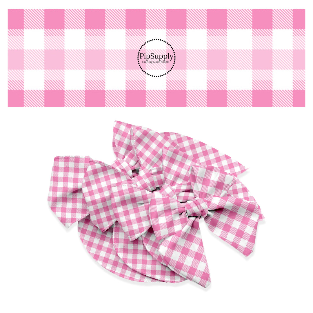 Pink stripe plaid on white tile bow strips