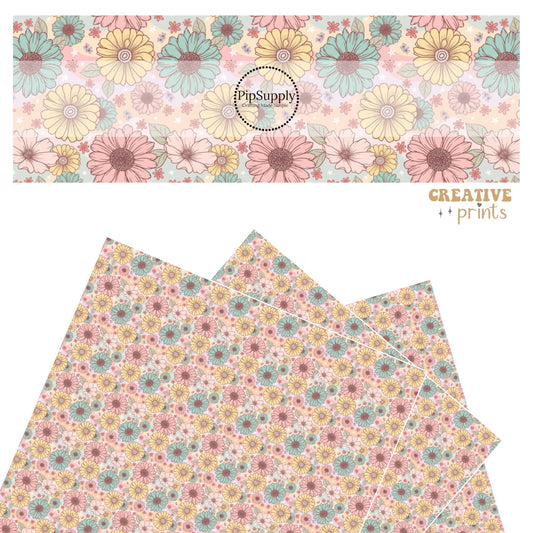 Big blue, yellow, and pink flowers with tiny flowers and white stars on pink multi faux leather sheets
