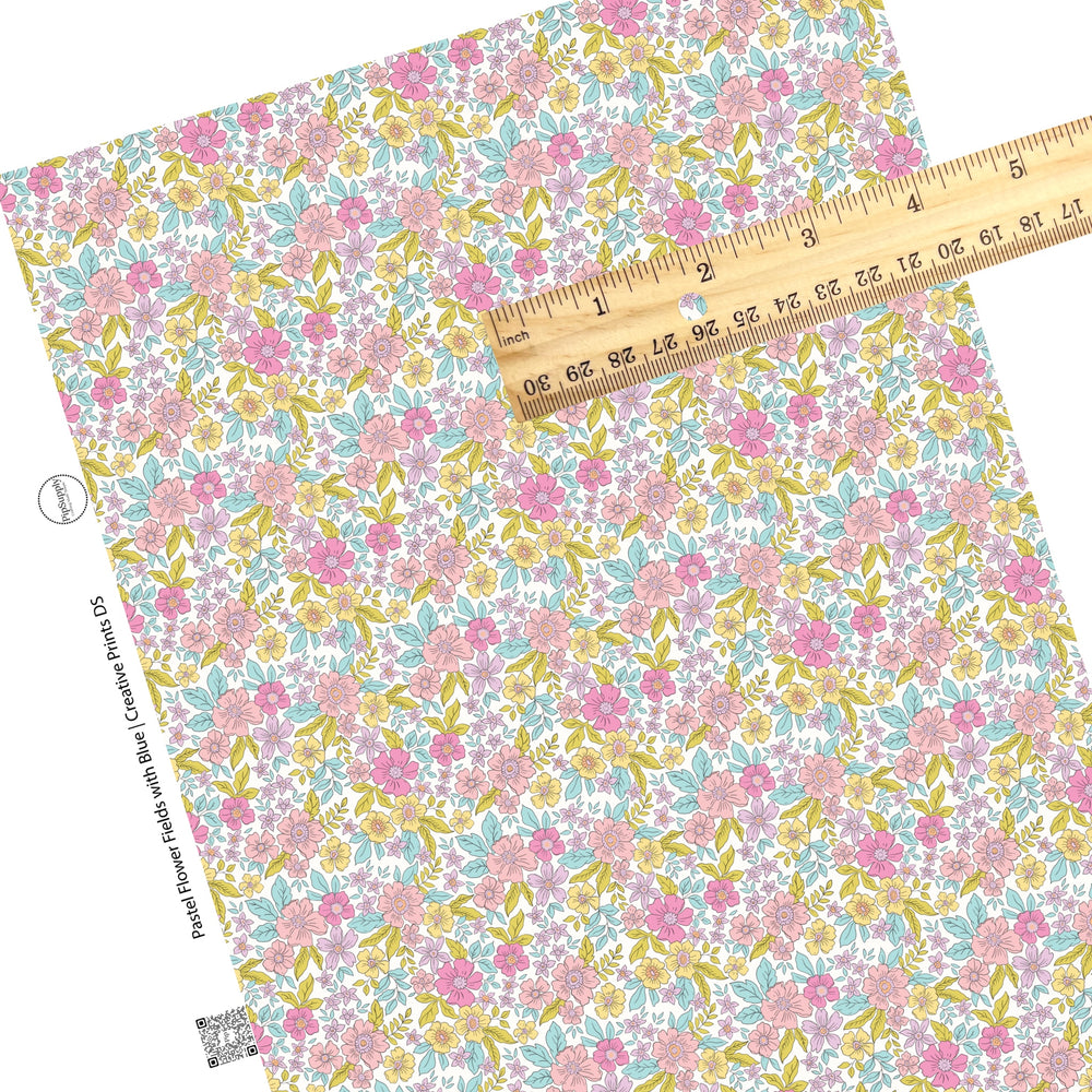 Purple, pink, and yellow floral with green and blue leaves faux leather sheets