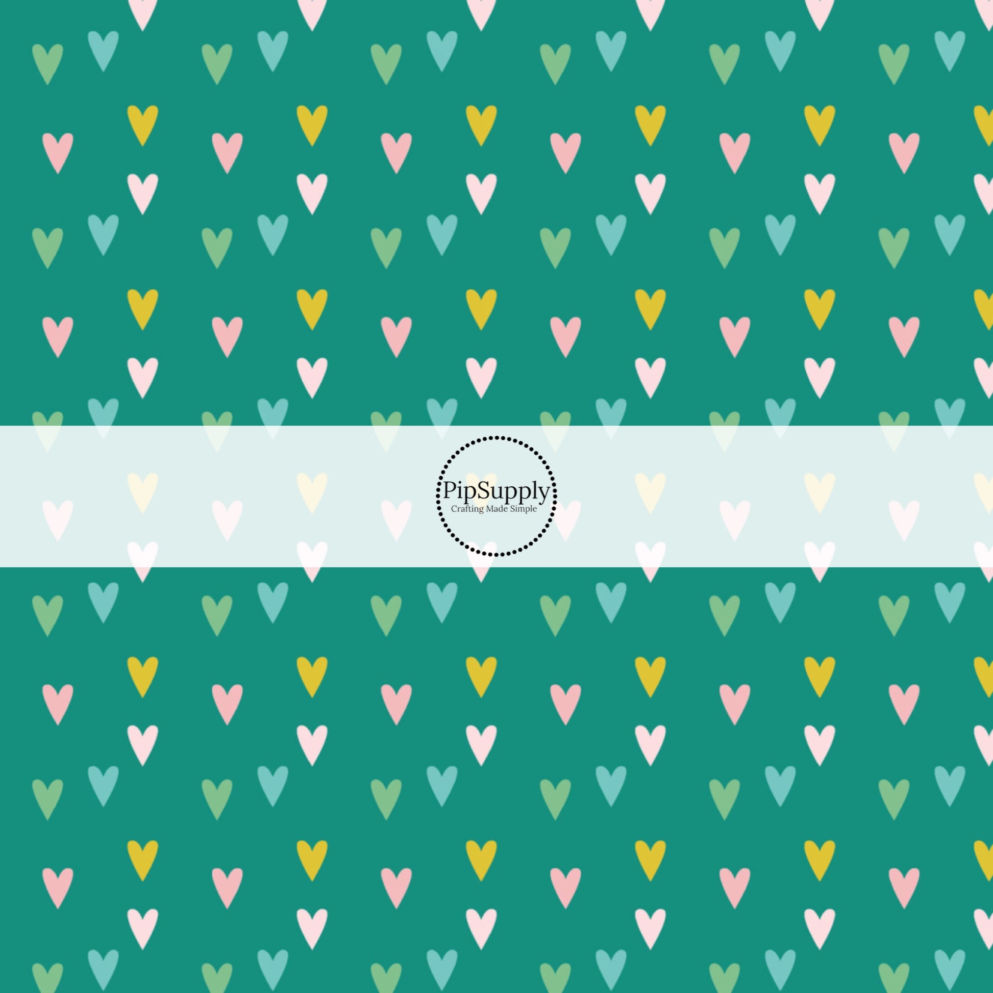 Tiny pink, green, and blue hearts on teal bow strip