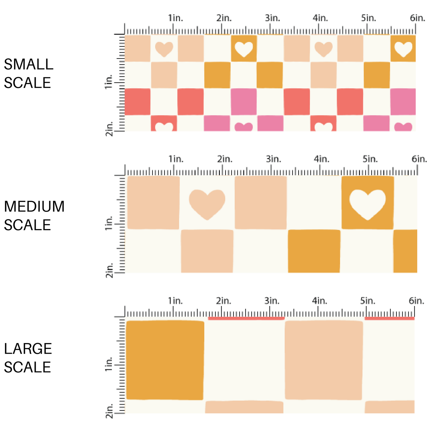 Scale Image by the Yard Checkered Valentine Peach, Mustard Yellow, Pink Hearts fabric