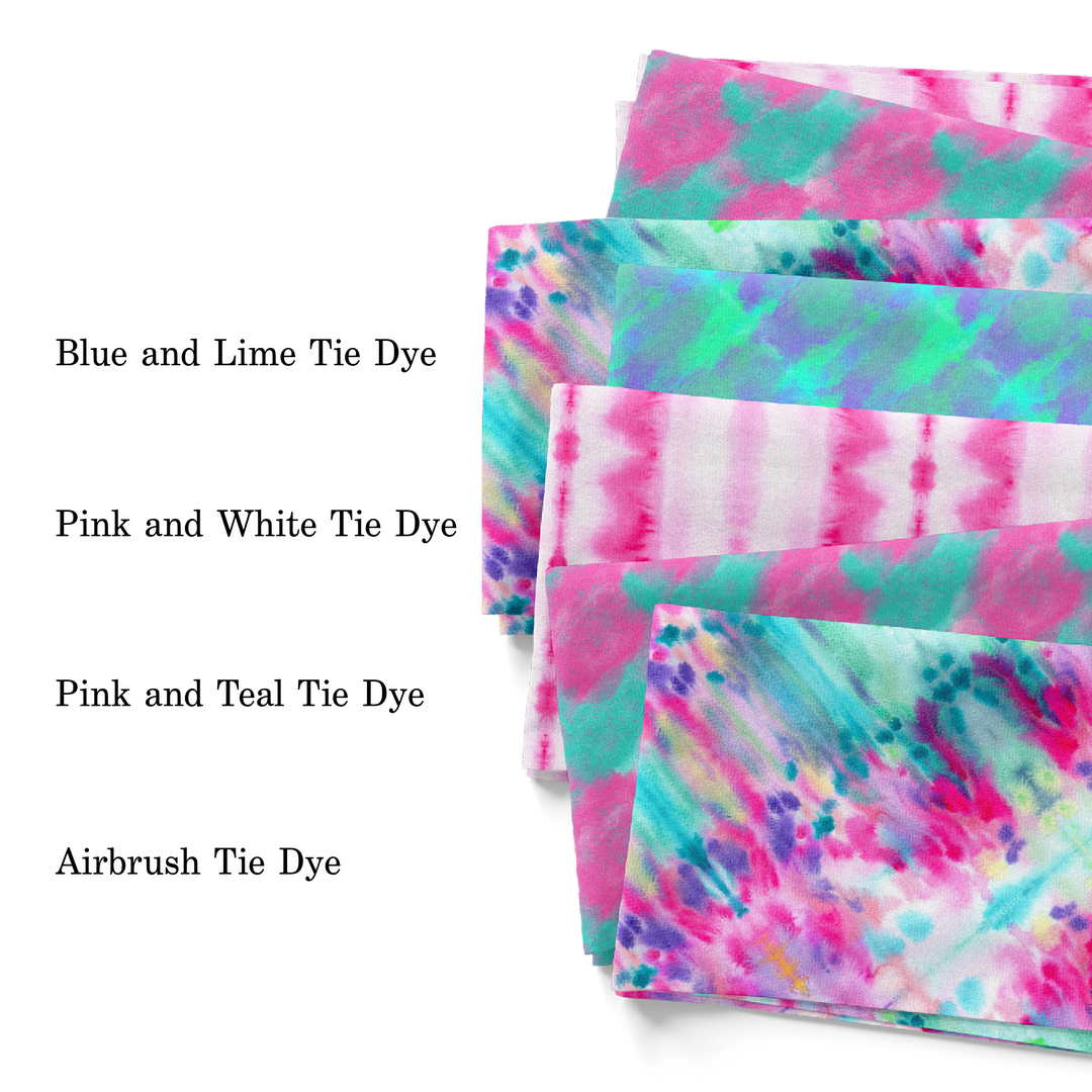 Pink and blue tie dye fabric by the yard swatch group photo.