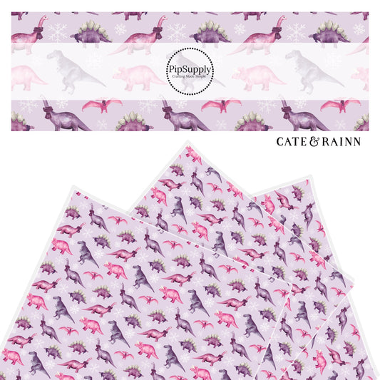 various dinosaurs in pink and purple faux leather sheet with snowflakes