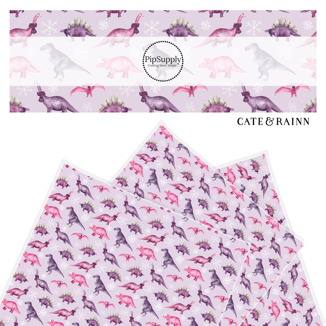 various dinosaurs in pink and purple faux leather sheet with snowflakes