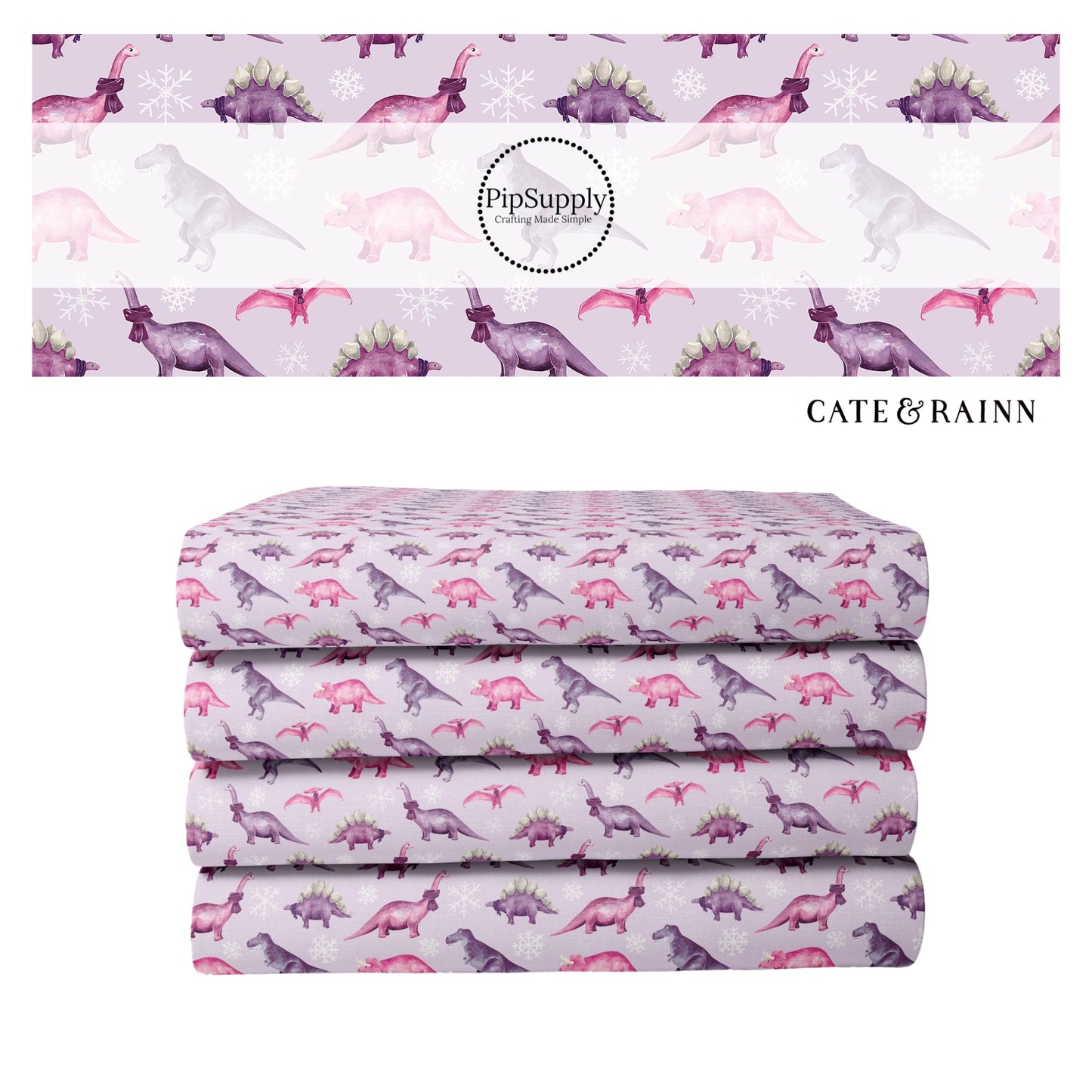 Purple fabric stack with pink and purple dinosaurs and snowflakes
