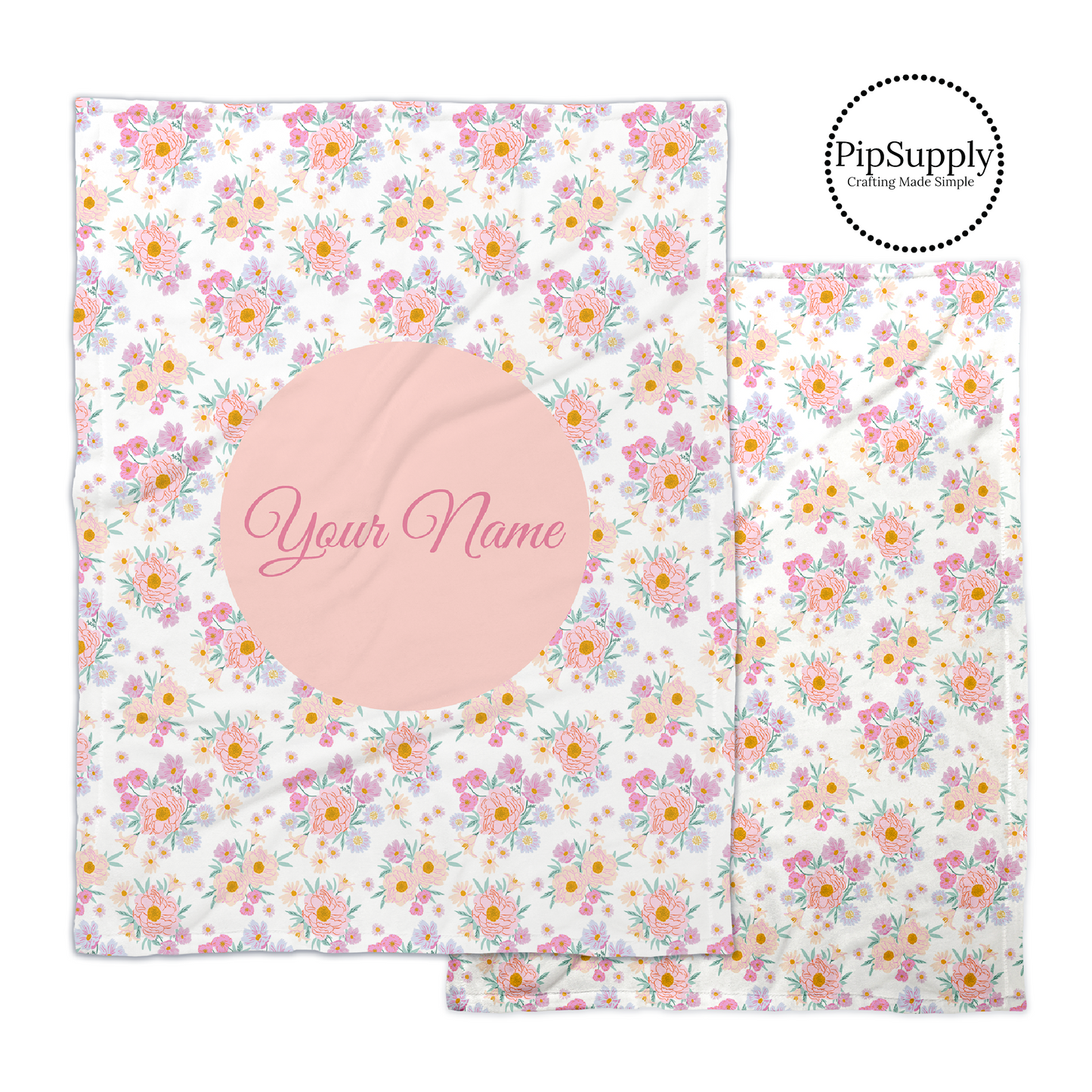 Indy Bloom design pastel pink spring floral patterned blanket with pink customizable text on pale peach center.