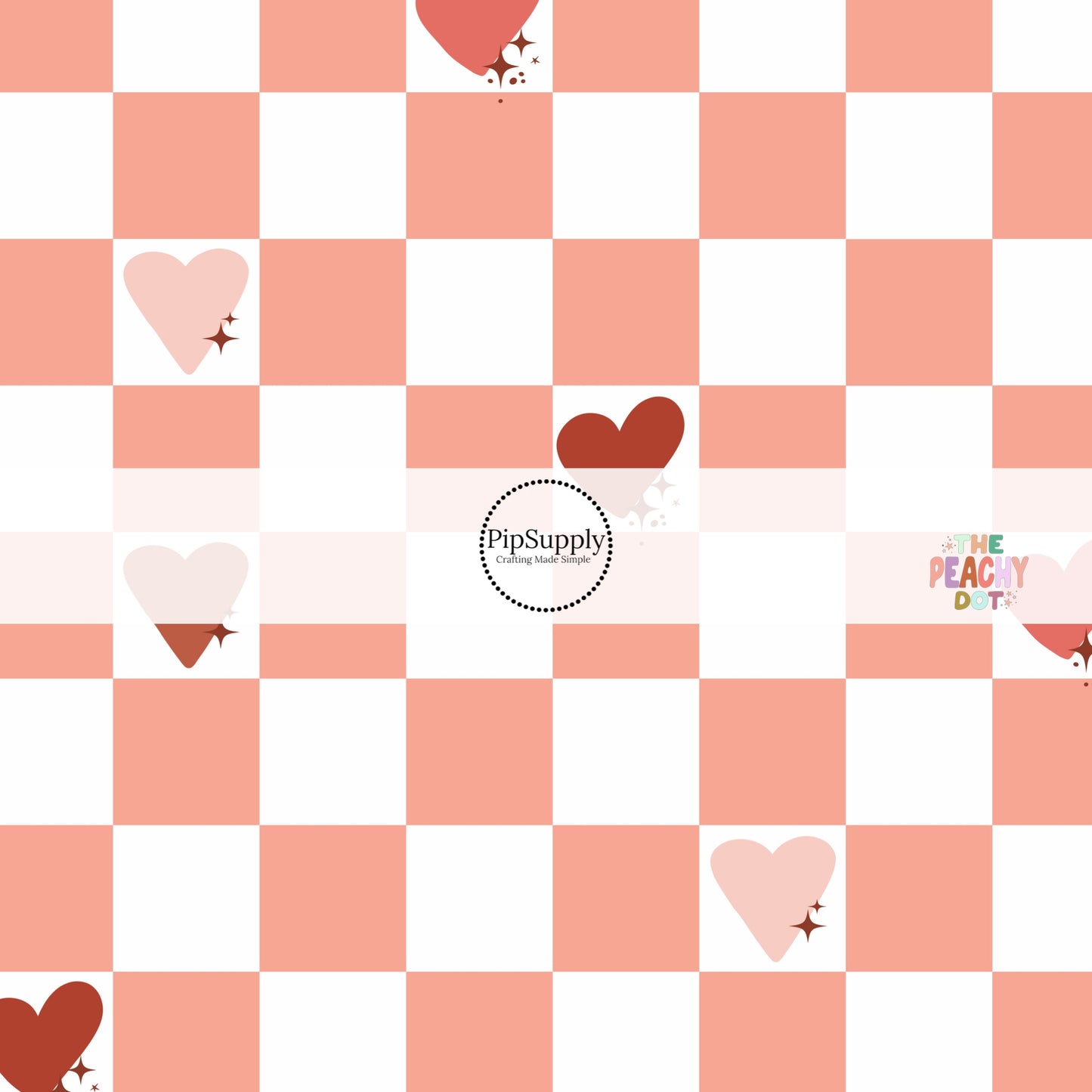 Pink and white checkered fabric print with pink and red hearts Fabric by the yard 