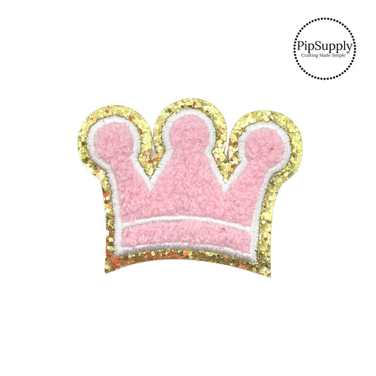 light pink crown shaped chenille iron on patch with a gold backing
