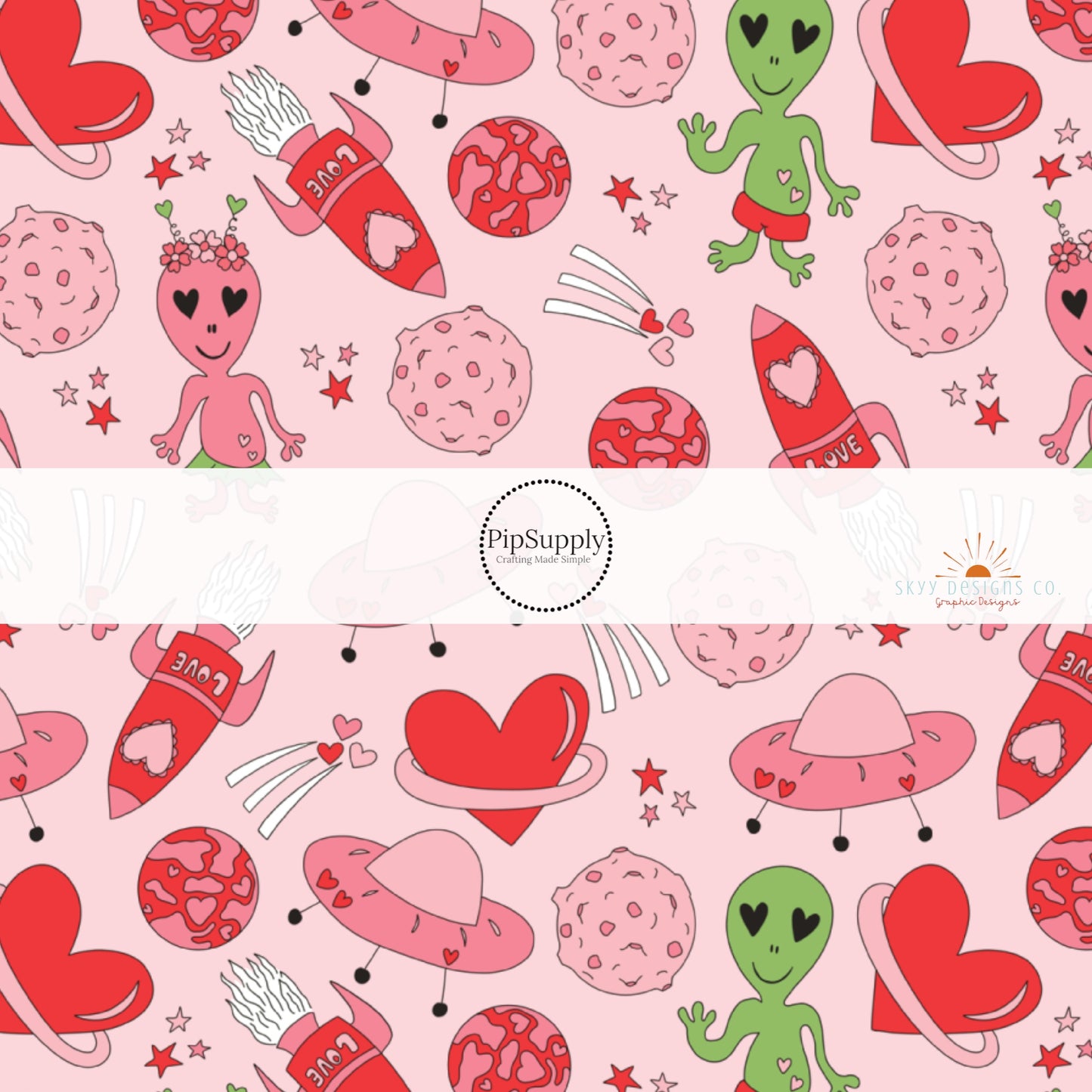 Pink, Red, and Green Outer Space Alien Fabric by the Yard - Heart Shaped Planets - UFO's - Rockets - Valentine's Day Themed Fabric Pattern
