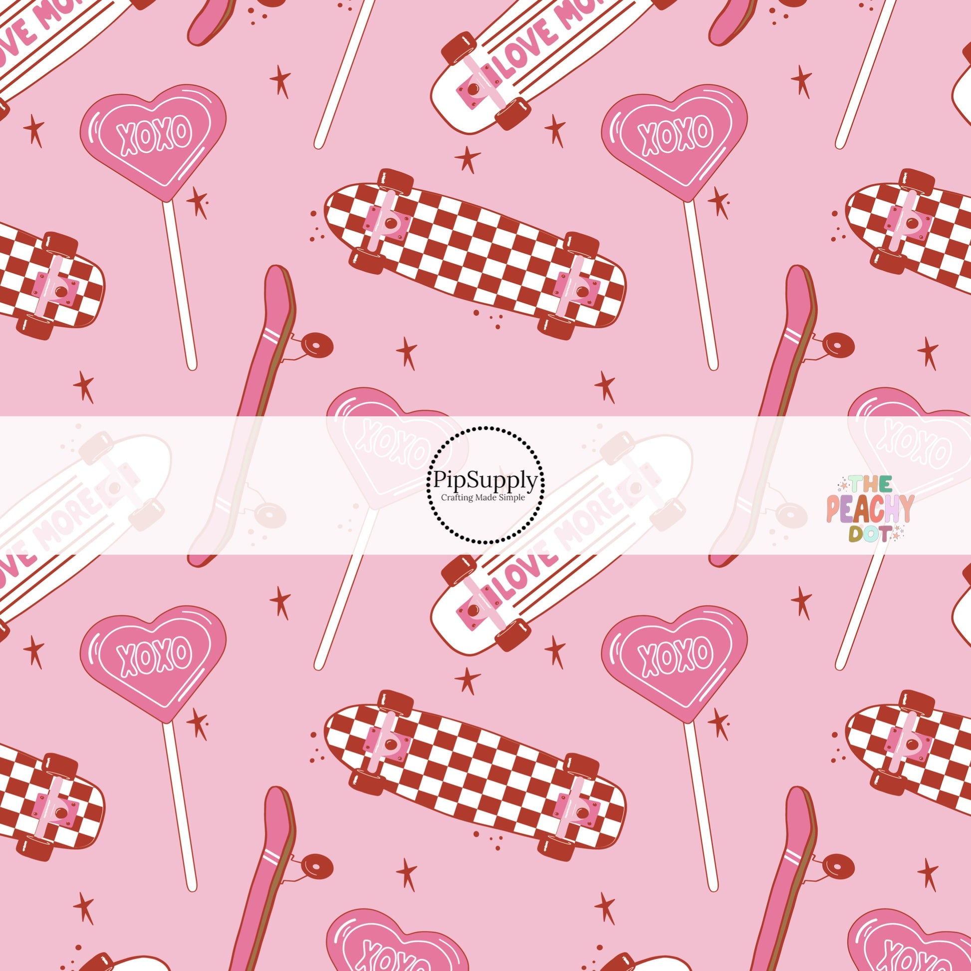Pink fabric swatch with pink skateboards and red and white checkered skateboards - Fabric by the Yard 
