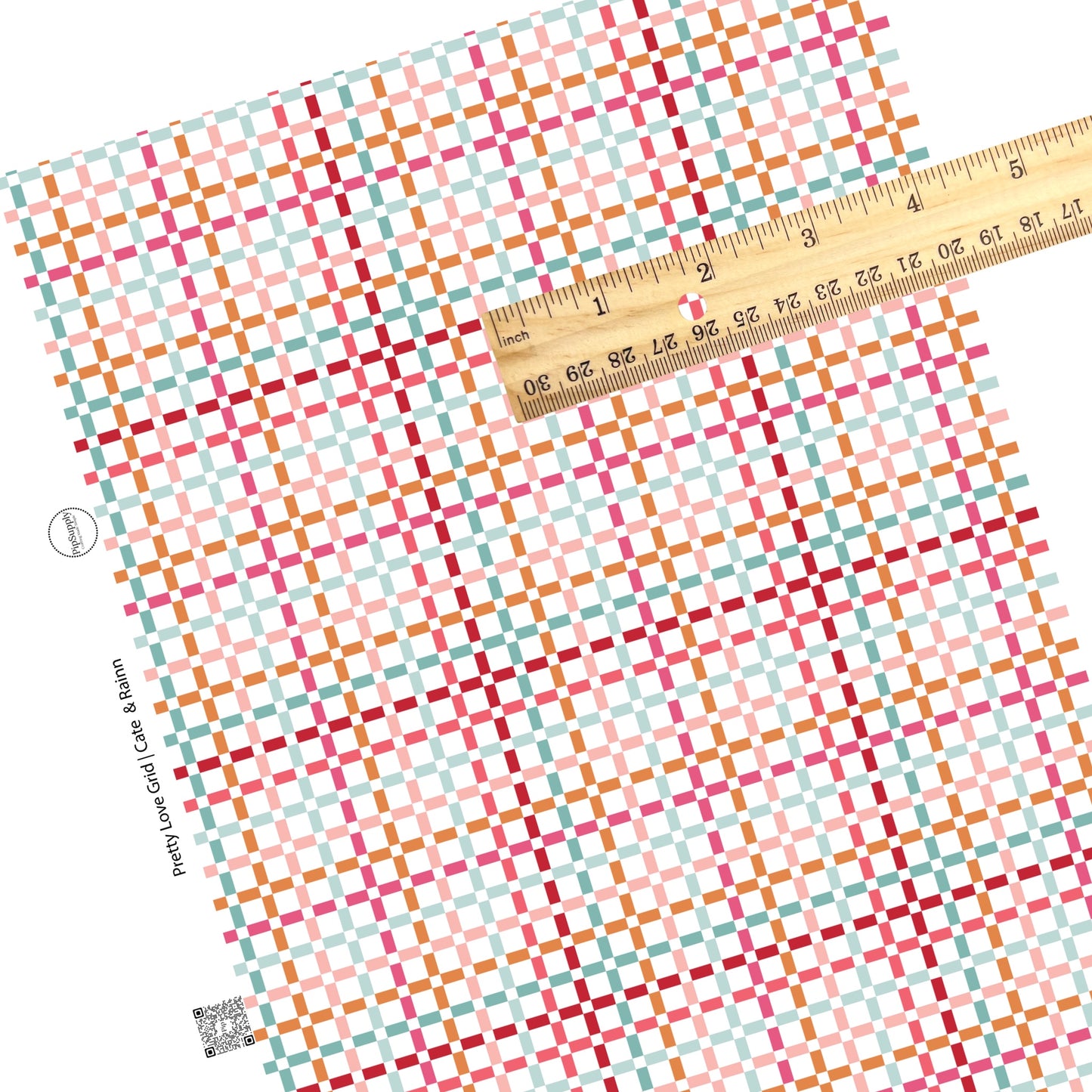 Hot pink, red, light pink, teal, and blue, orange plaid on white square faux leather sheets