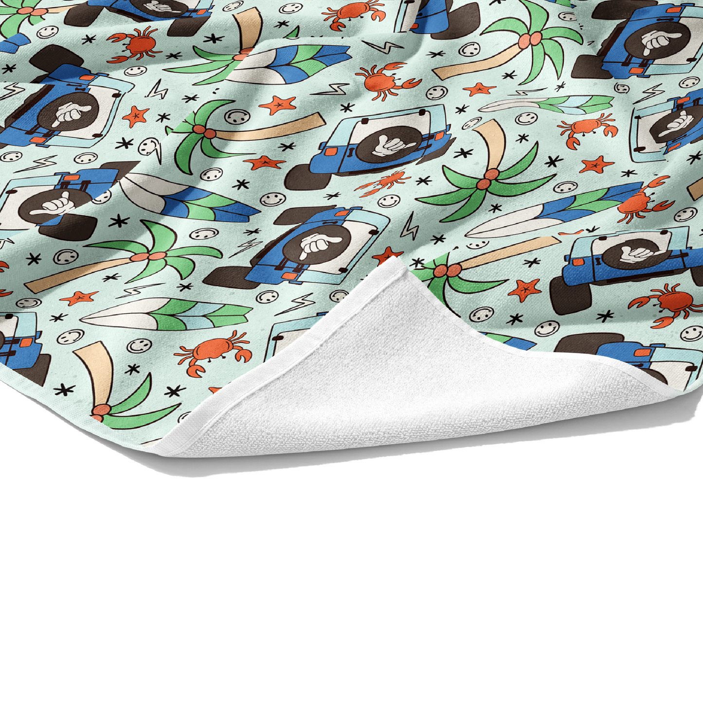 Plush white customizable cotton towel with blue and green tropical and jeep car print on the front.