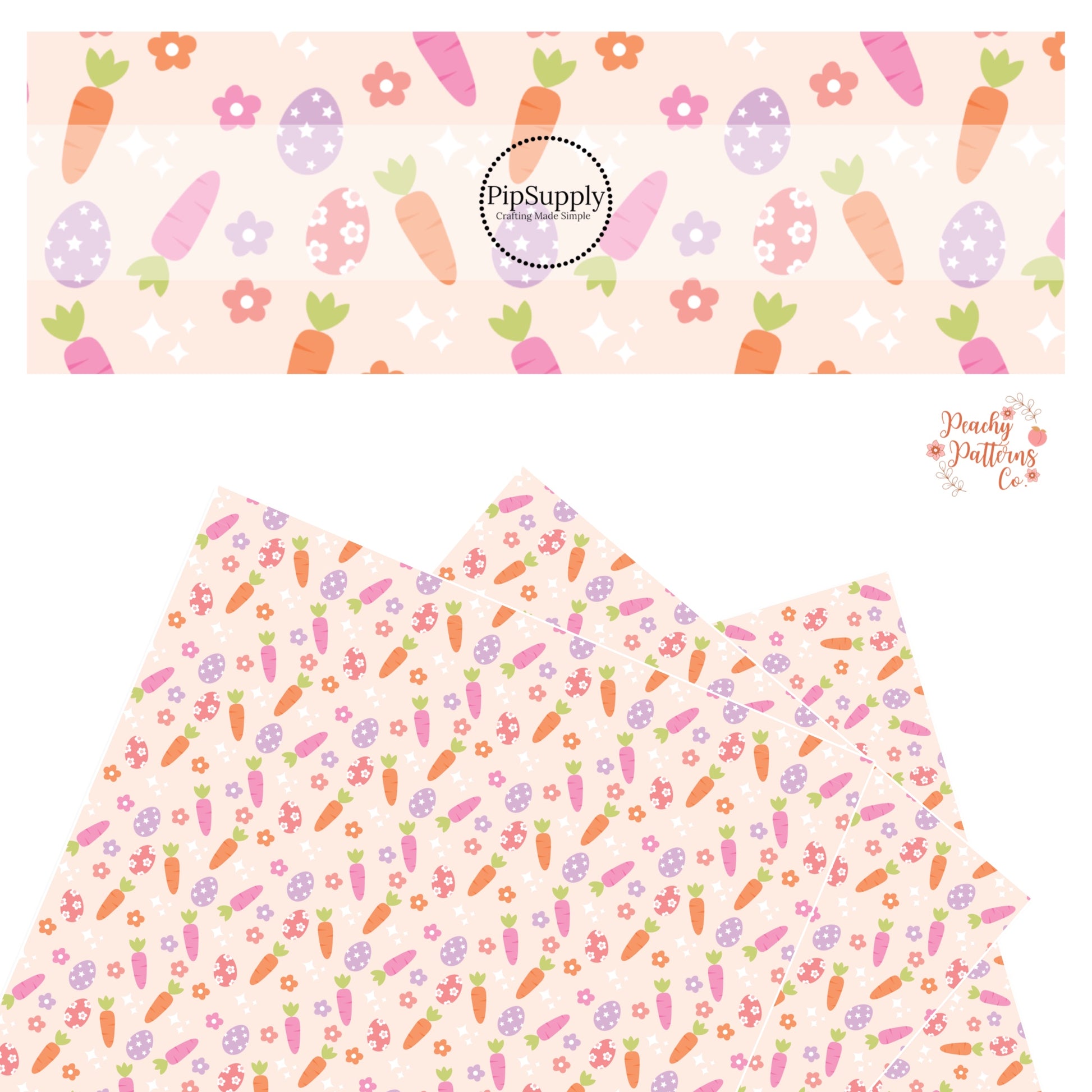 Pink and orange carrots, purple and pink easter eggs, pink and purple flowers, and white sparkles on peach faux leather sheets