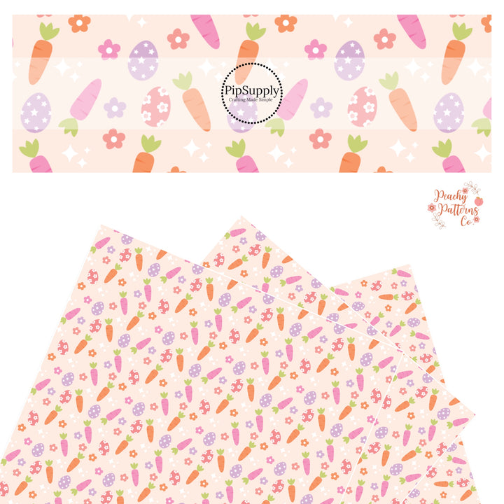 Pink and orange carrots, purple and pink easter eggs, pink and purple flowers, and white sparkles on peach faux leather sheets