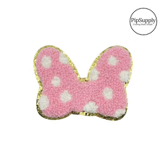 Pink white polka dot mouse bow chenille iron on patch with a gold glitter backing