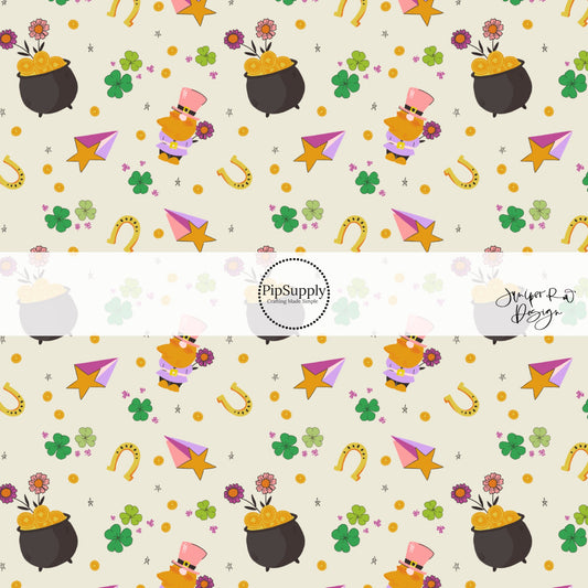 Cream Fabric by the yard with leprechauns, pots of gold coins, clovers, flowers and shootie stars