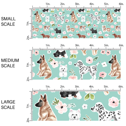 Blue fabric by the yard scaled image guide with puppies and pale pink flowers