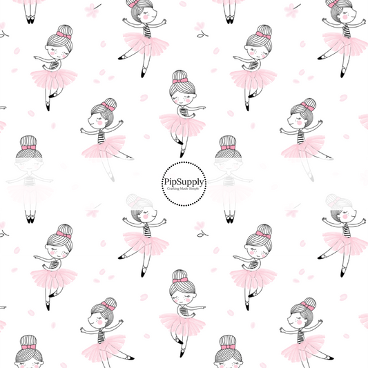 white fabric by the yard with dancing ballerinas, heart, and flowers - Ballerina Fabric 