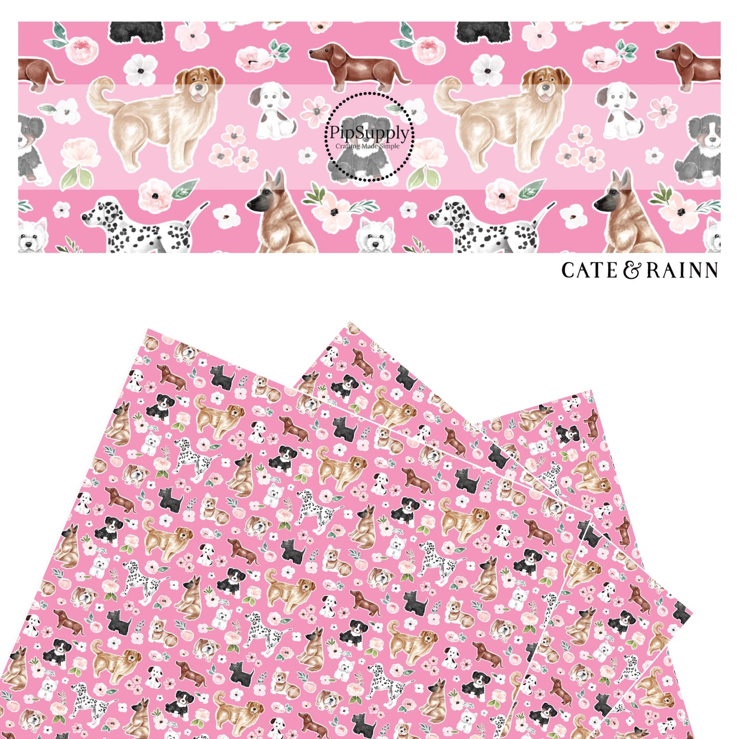 Variety of cute puppies on pink Faux Leather sheets. Floral Dog print
