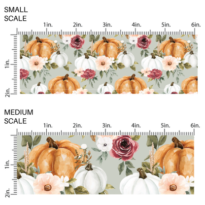 gray image guide with orange and white pumpkins with mauve colored flowers