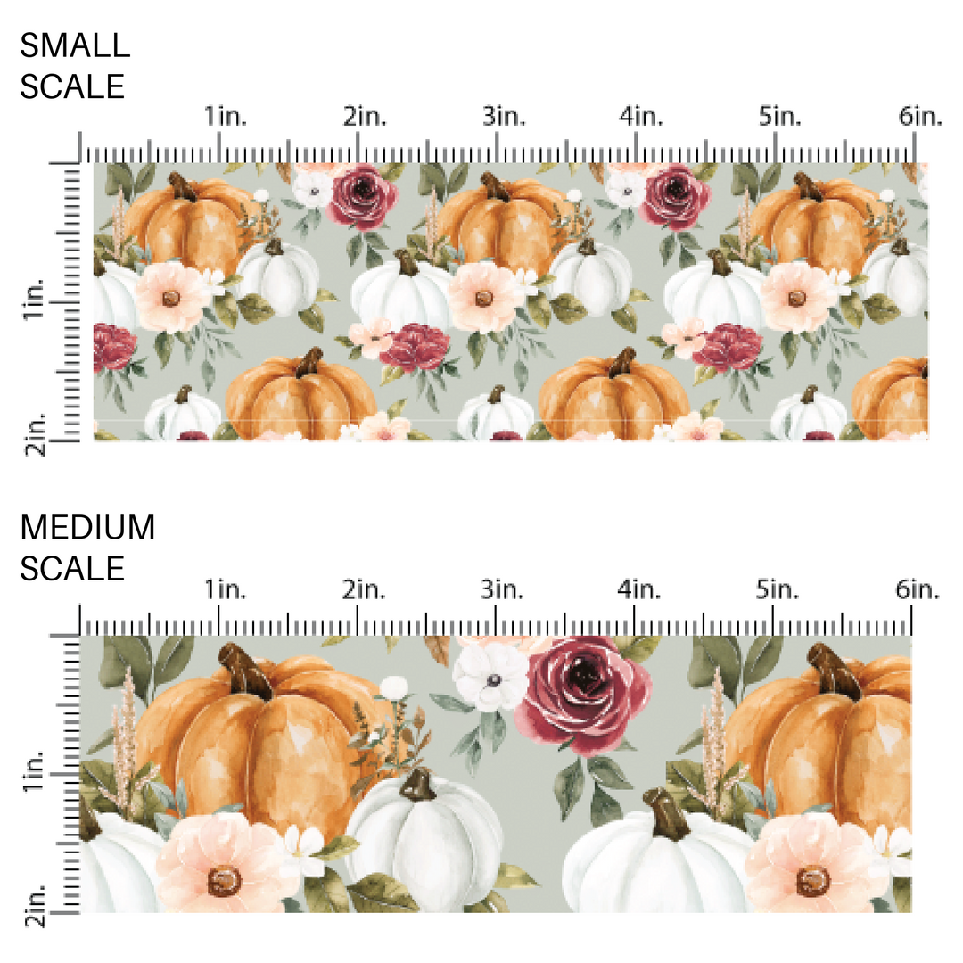 gray image guide with orange and white pumpkins with mauve colored flowers