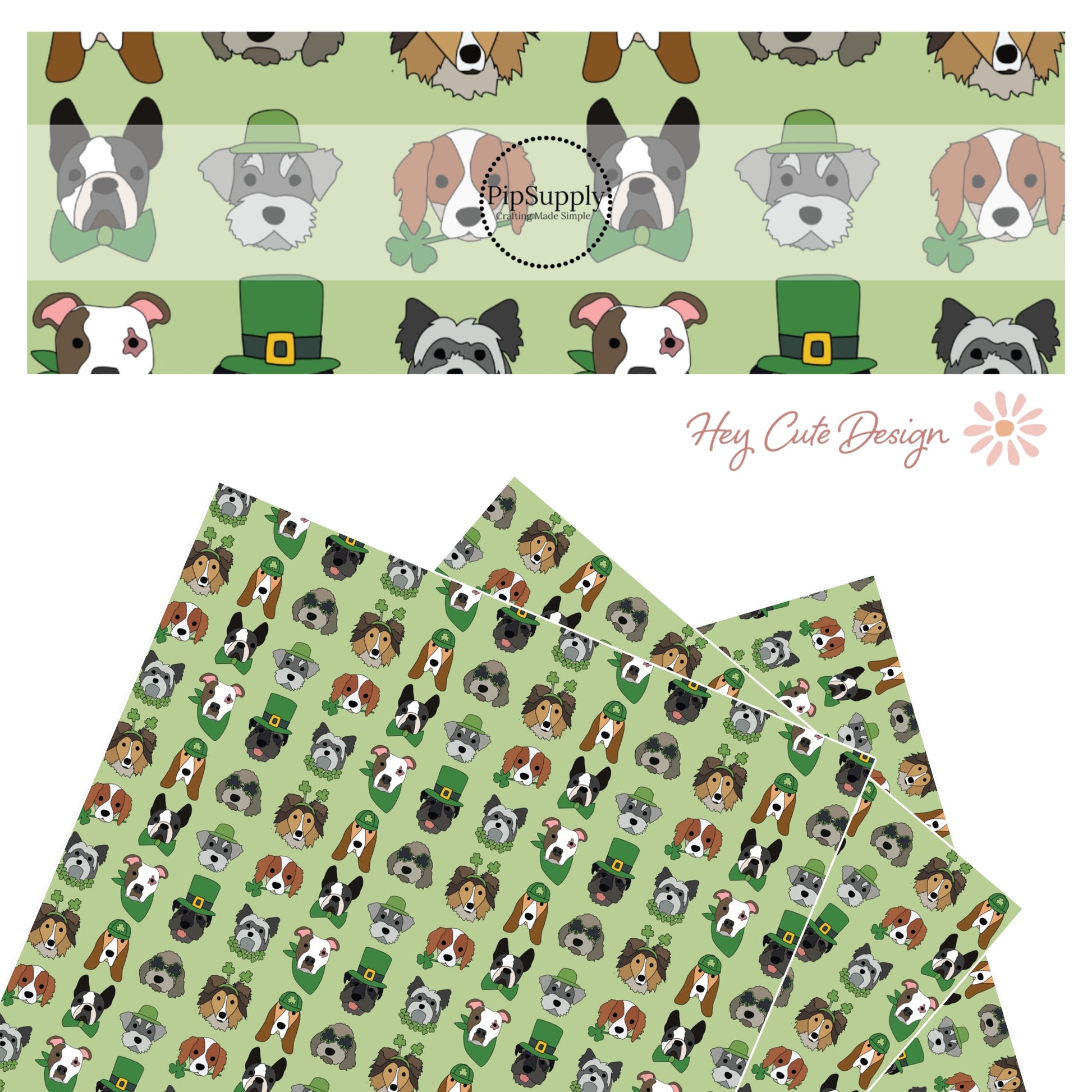 Gray, brown, and black puppies with green accents like a green bow tie, green hat, and a clover collar on a green faux leather sheet