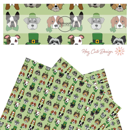 Gray, brown, and black puppies with green accents like a green bow tie, green hat, and a clover collar on a green faux leather sheet
