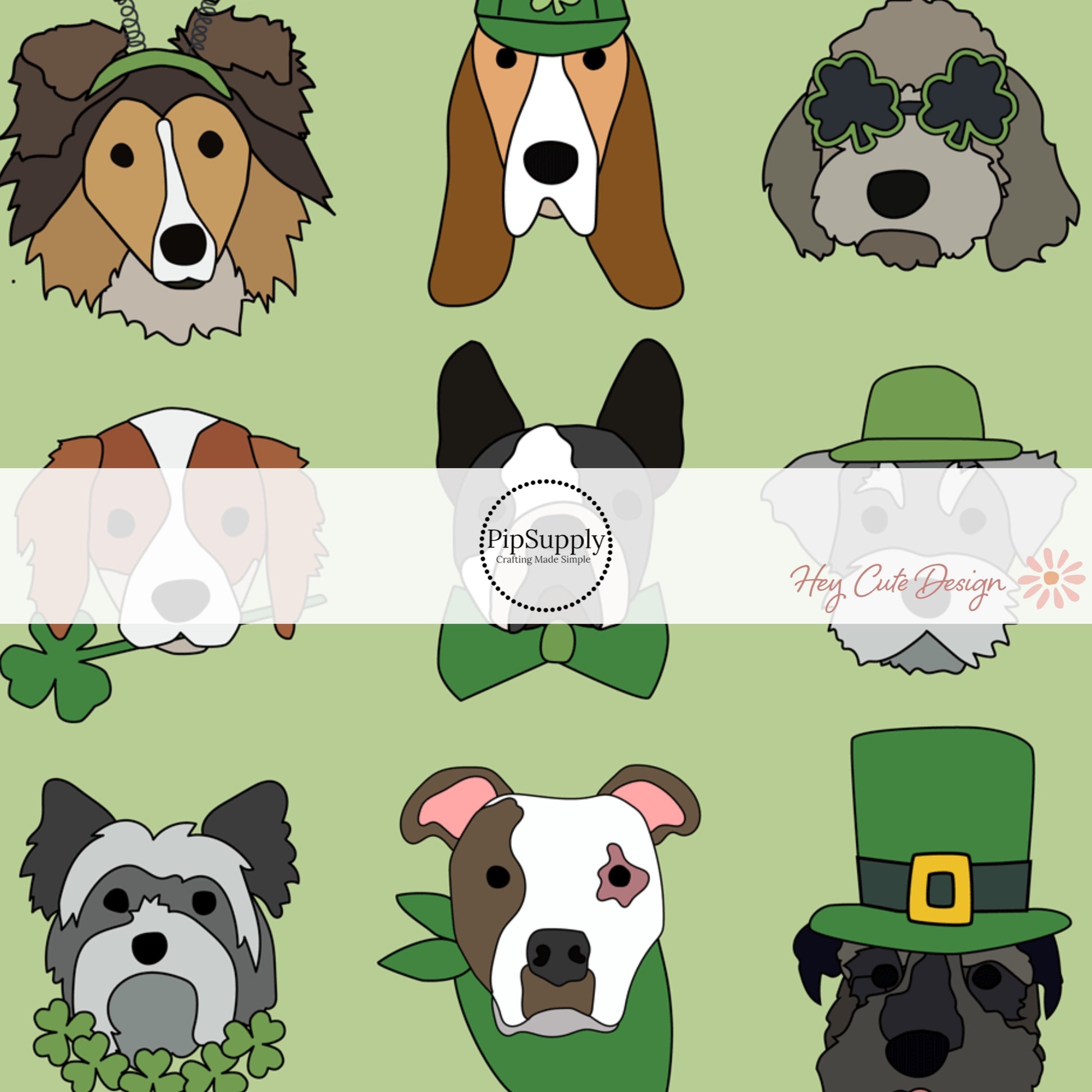 Gray puppy with clover sunglasses, brown puppy with clover headband, and multiple puppies with green st patricks day hats on a green bow strip
