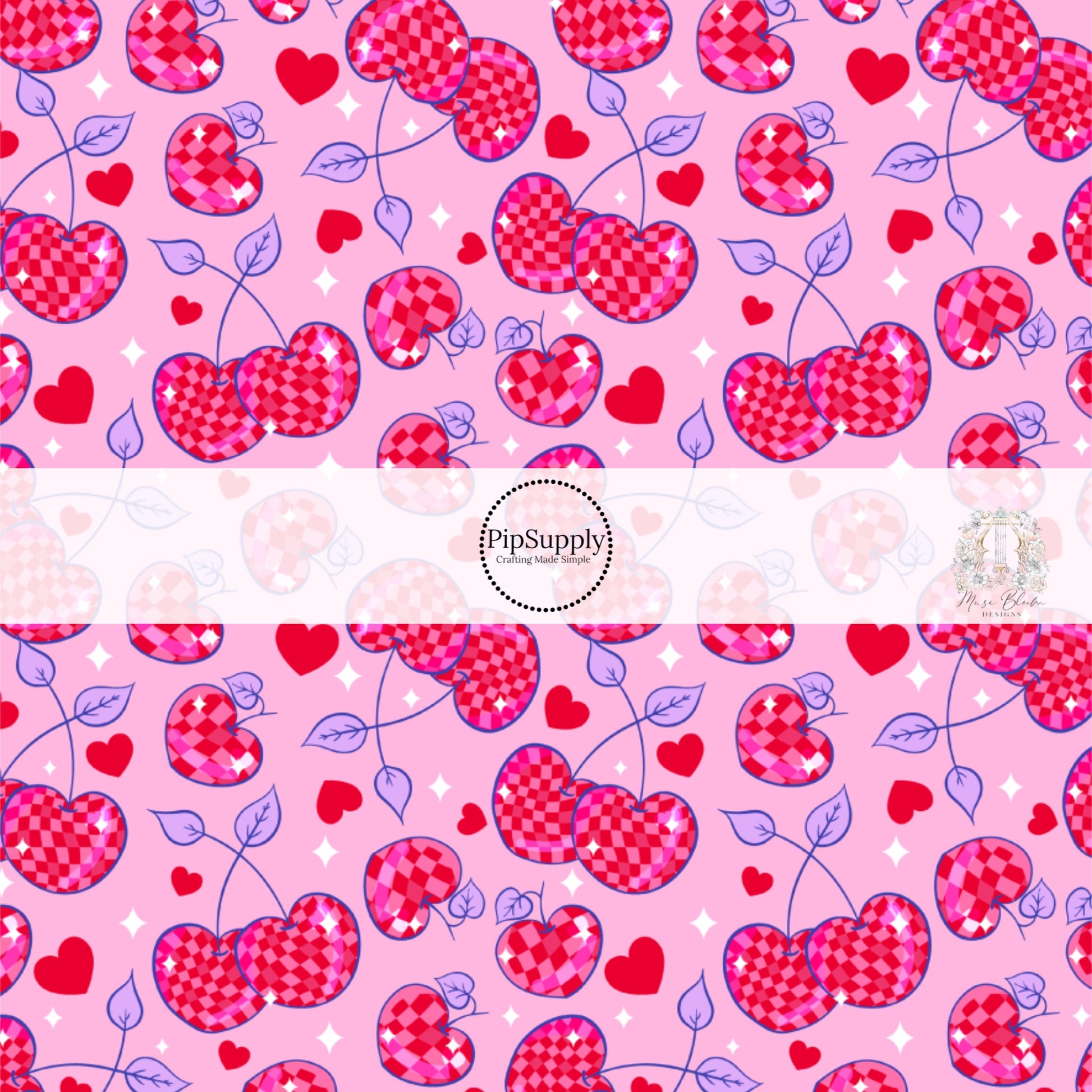 Pink and red checkered cherries with purple stems and red hearts on a pink bow strip