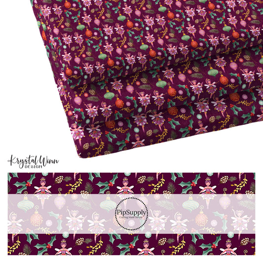 Sugar Plum Fairies, Holly, Pine Cones, Gold Leaves,  and Ornaments on Plum Colored Fabric  