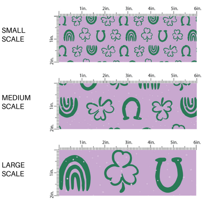 Teal clovers, rainbows, and horseshoes purple fabric by the yard scaled image guide