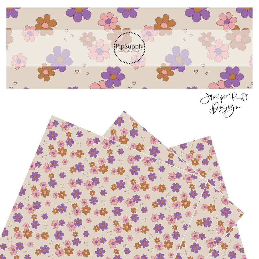 Cream faux leather with purple, rust, and pink flowers