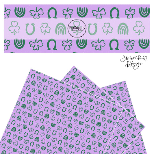 Light purple polka dots with green horseshoe, rainbow, and clovers on a purple faux leather sheet